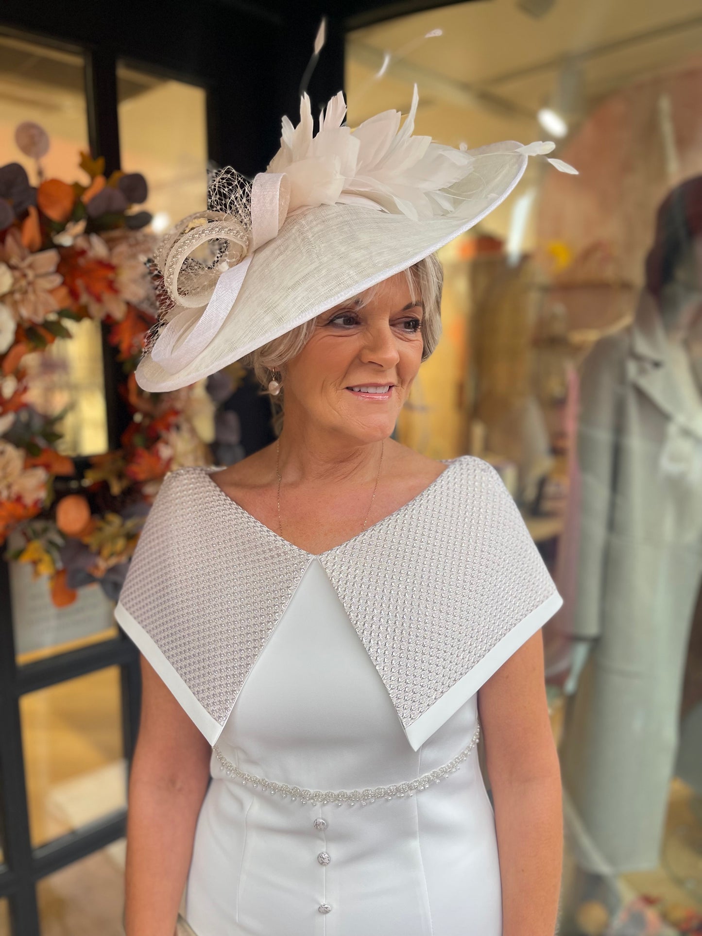 Anoola D463 Ivory & Sand Embossed Cape Neckline Dress