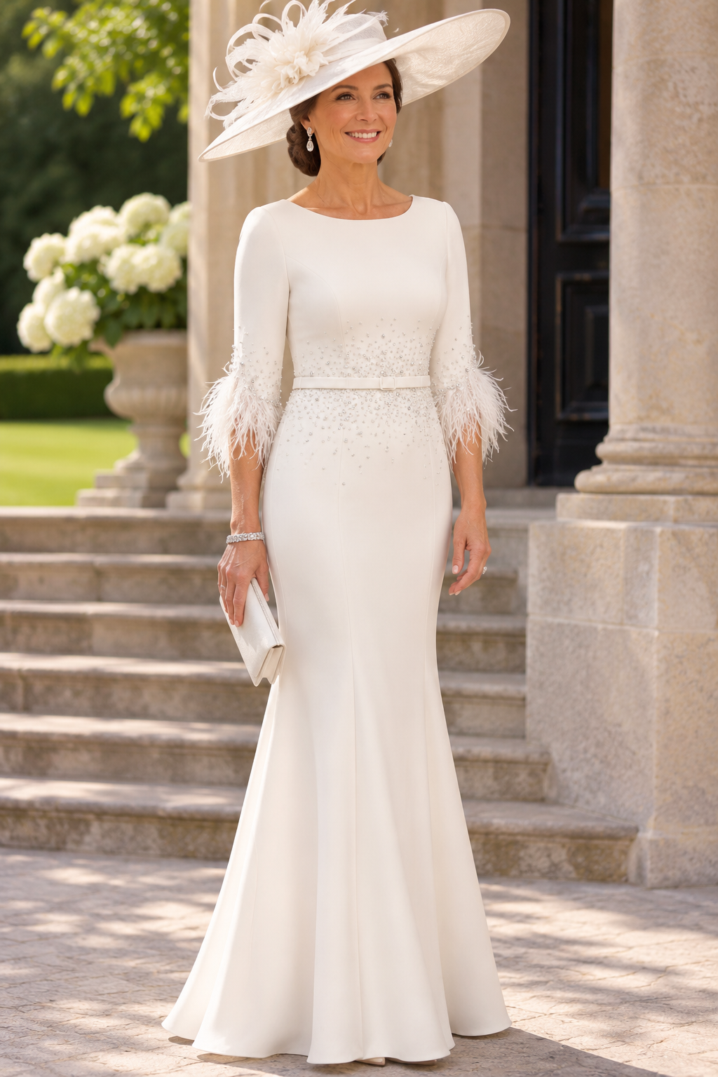 John Charles 29148 Ivory Feather Full Length Dress