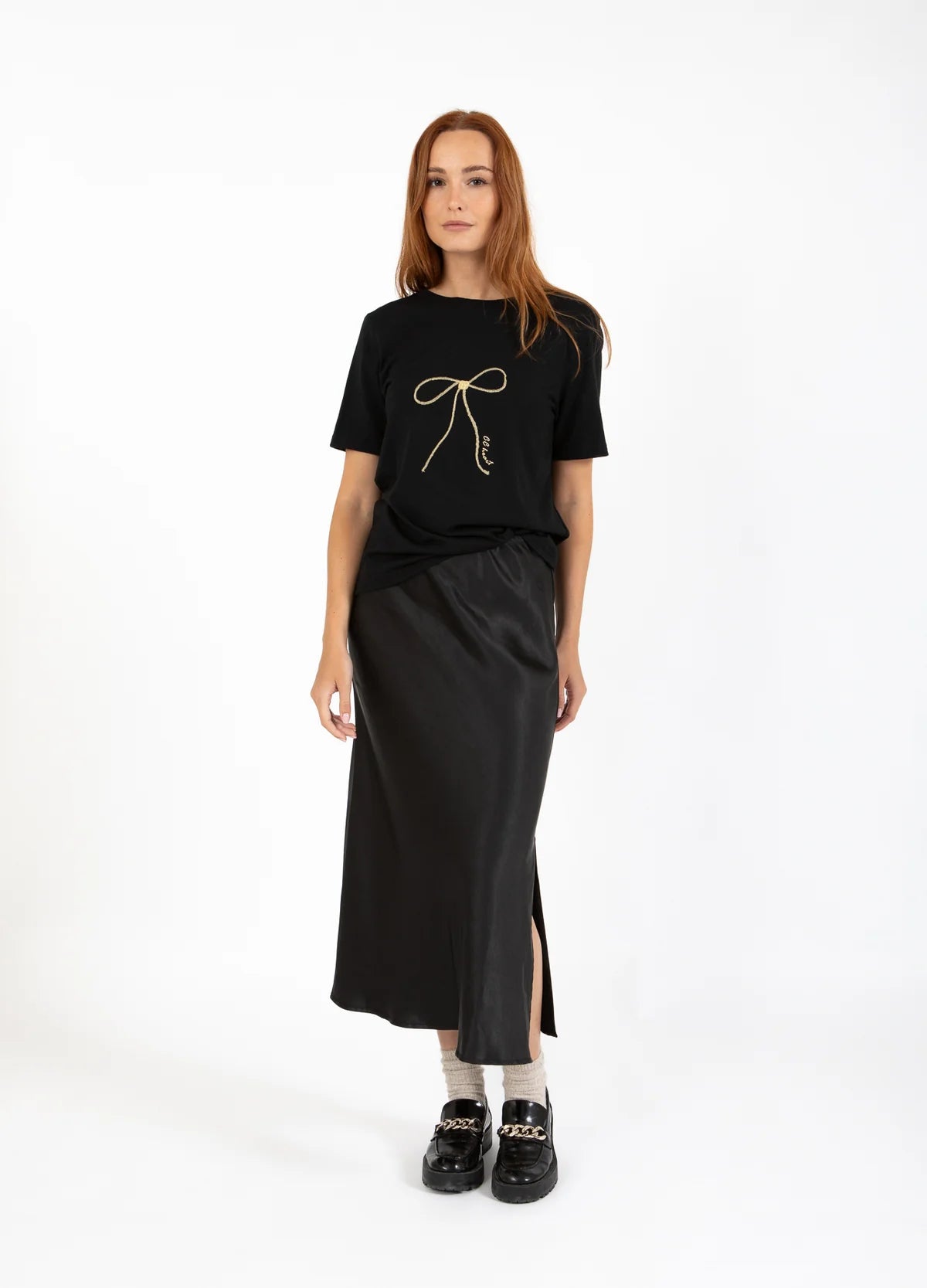 Coster Black Satin Midi Skirt