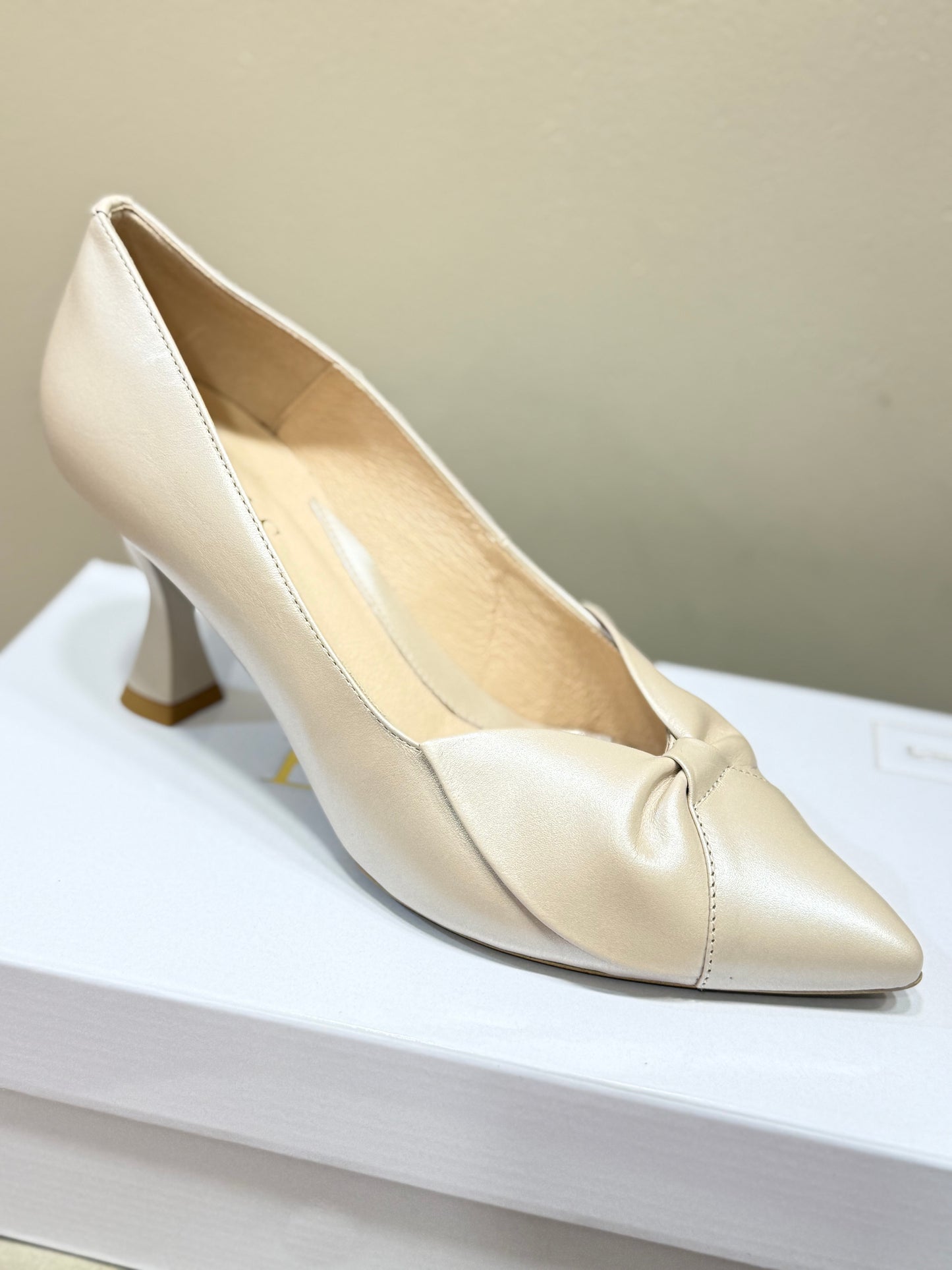 Emis Beige Low Heel Front Bow Shoe