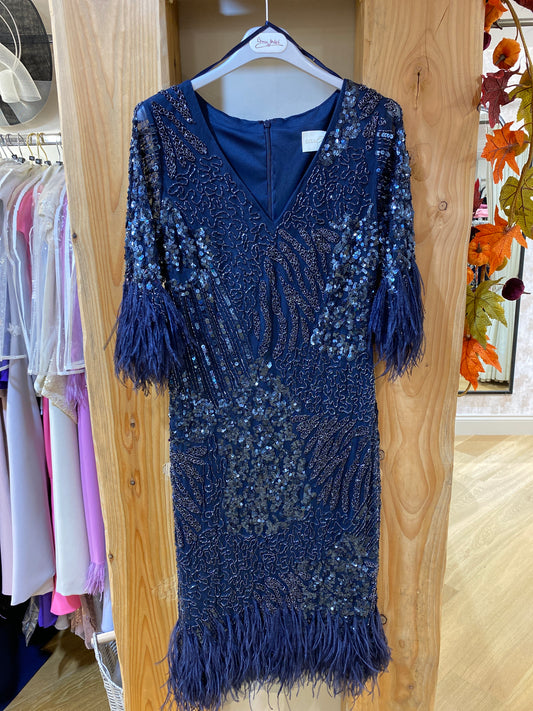 Gill Harvey Navy Beaded Feather Sleeve Dress 8034