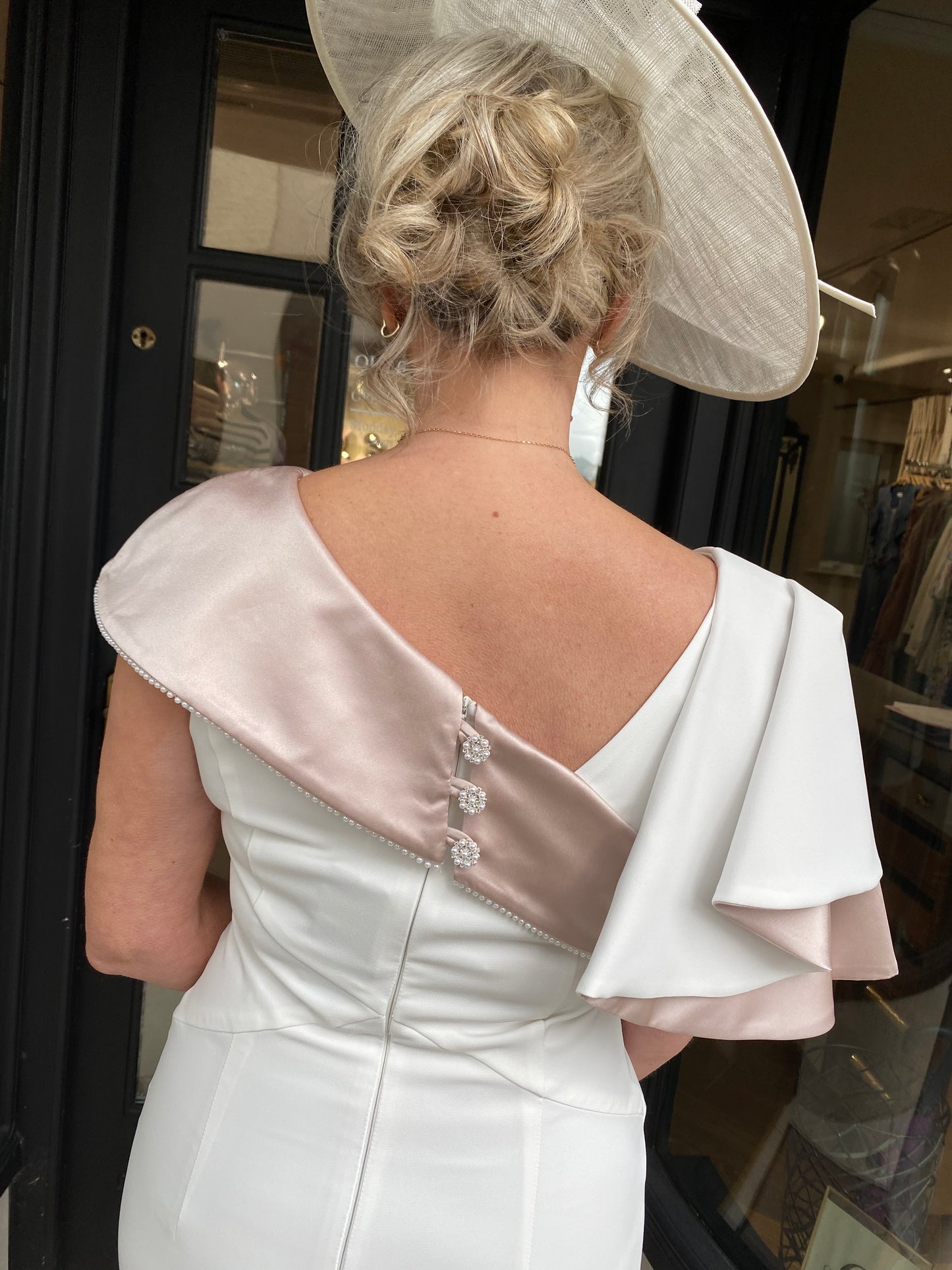 Anoola D465CRM Ivory and Sand Satin Dress