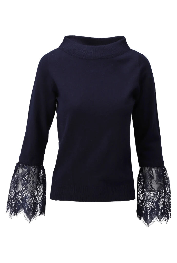 K Design D840L Navy Lace Trim Top