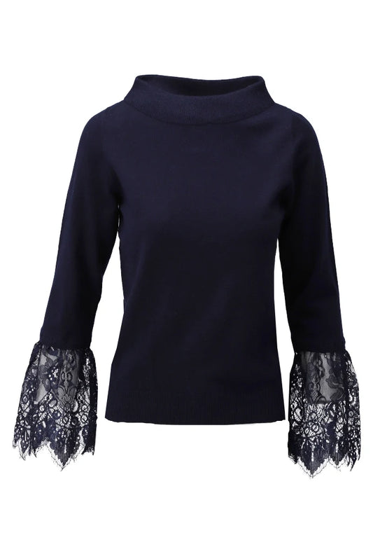 K Design D840L Navy Lace Trim Top