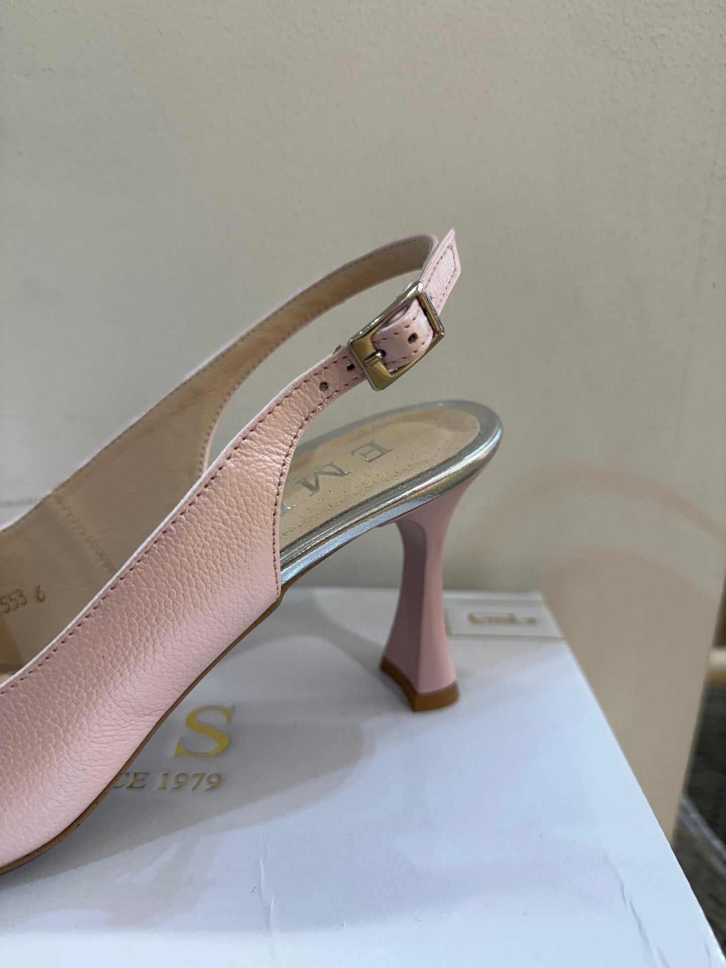 Emis Metallic Pink Sling Shoe Low Cuban Heel