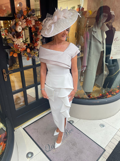 Anoola D462 Ivory & Sand Embossed Off Shoulder Neckine Dress