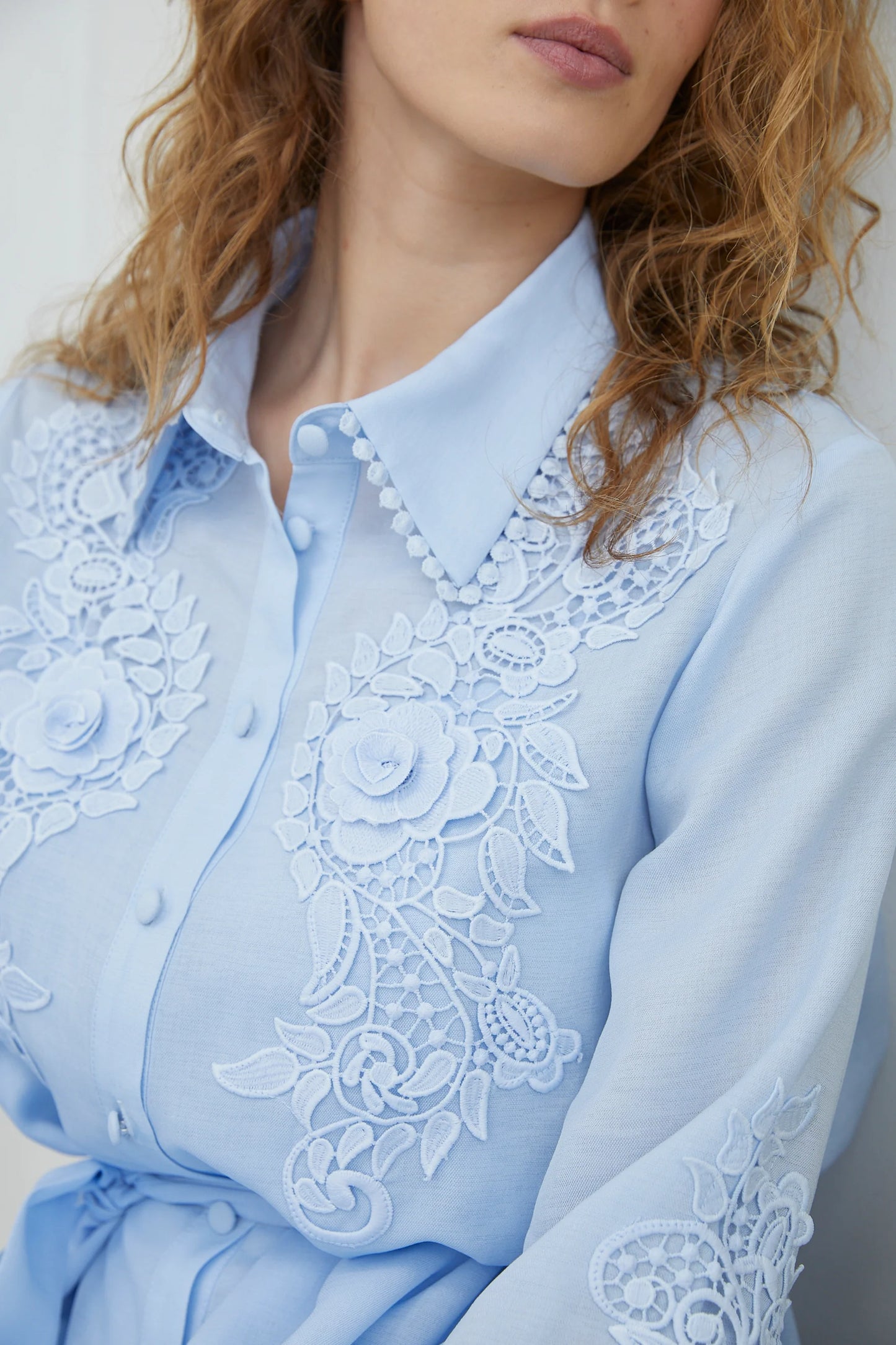 Jovonna Gaby Blue Dress with Lace Appliques