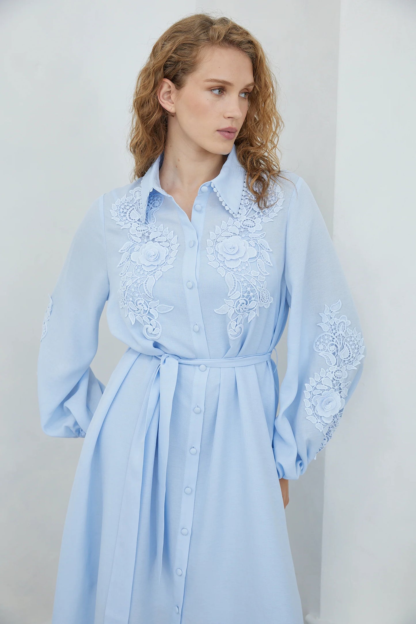 Jovonna Gaby Blue Dress with Lace Appliques