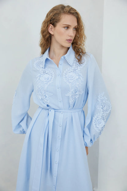 Jovonna Gaby Blue Dress with Lace Appliques
