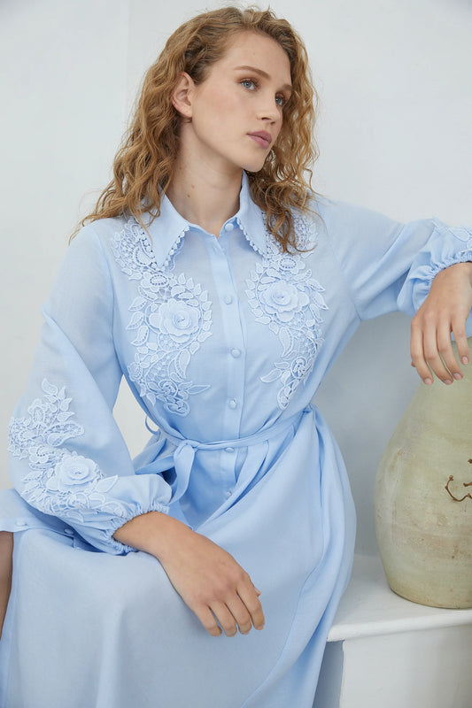 Jovonna Gaby Blue Dress with Lace Appliques