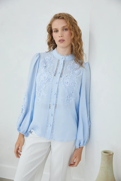Jovonna Blue Blouse Kim Thamora Button Front