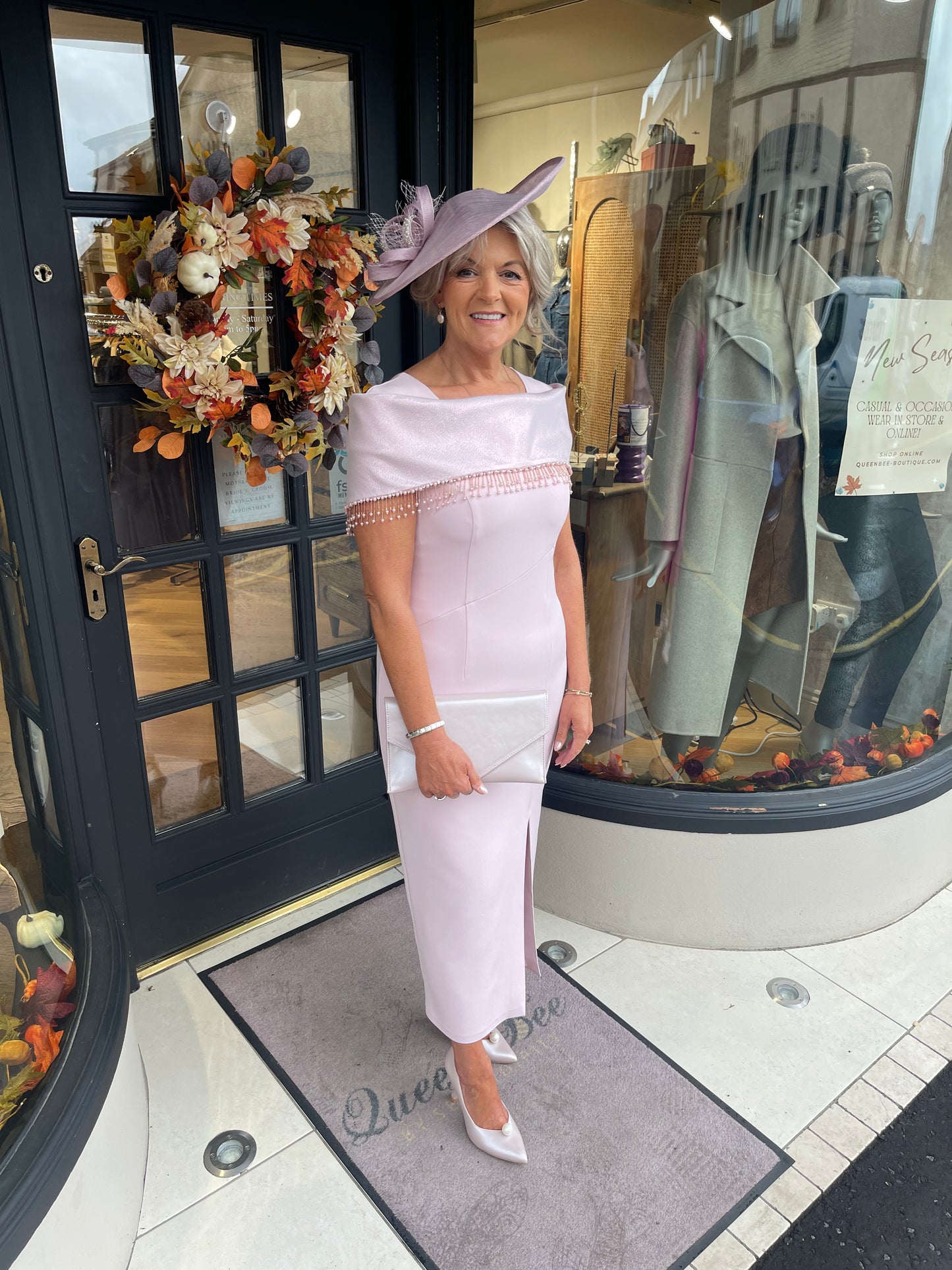 Anoola D437 Pink Drop Pearl Neckline Dress