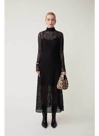 Suncoo Black Lace Midi Dress with Long Sleeve H24C03288 Robe Ciara