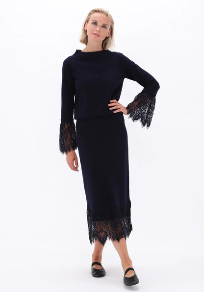 K Design D840L Navy Lace Trim Top