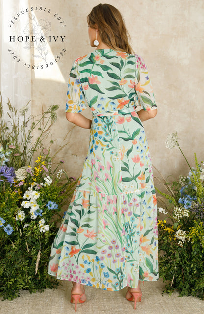 hope and ivy green dress Hope & Ivy Magda Green / Navy Patterned Maxi Wrap Dress The Rose Wardrobe