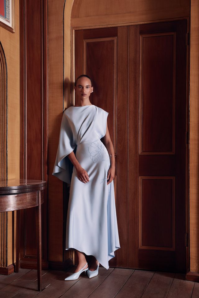 Maisonel Asymmetrical Cape Dress in Sky - ME3109