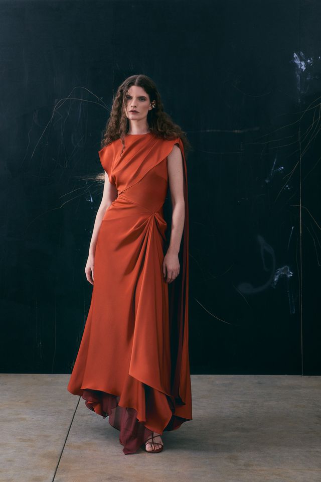 Maisonel ME3178 Terracotta/Brick Midi Dress with Draped Scarf Detail