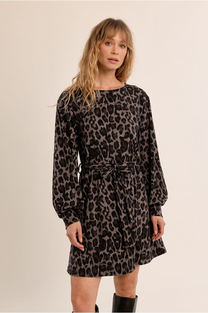 Molly Bracken T2315EN Dark Grey Leopard Print Dress