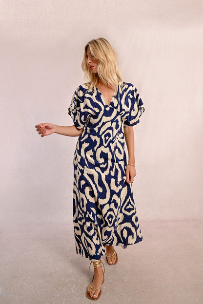 Molly Bracken G867BP Navy & Cream Midi Dress