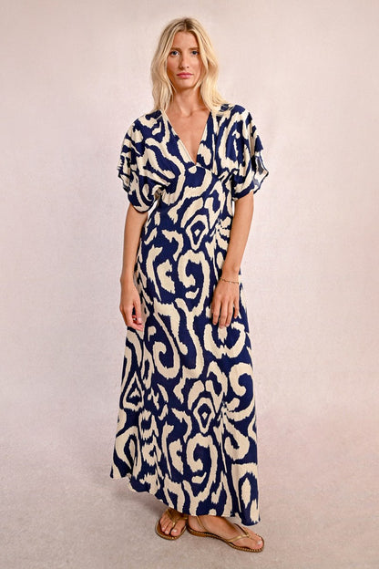 Molly Bracken G867BP Navy & Cream Midi Dress