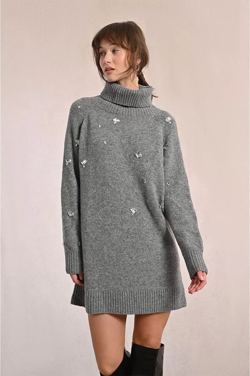 Molly Bracken LA1783DN Grey Rhinestone Jumper Dress