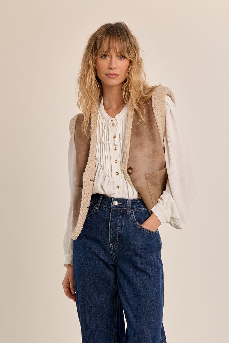 Molly Bracken Woven Sleeveless Jacket Dark Beige P1890BEH