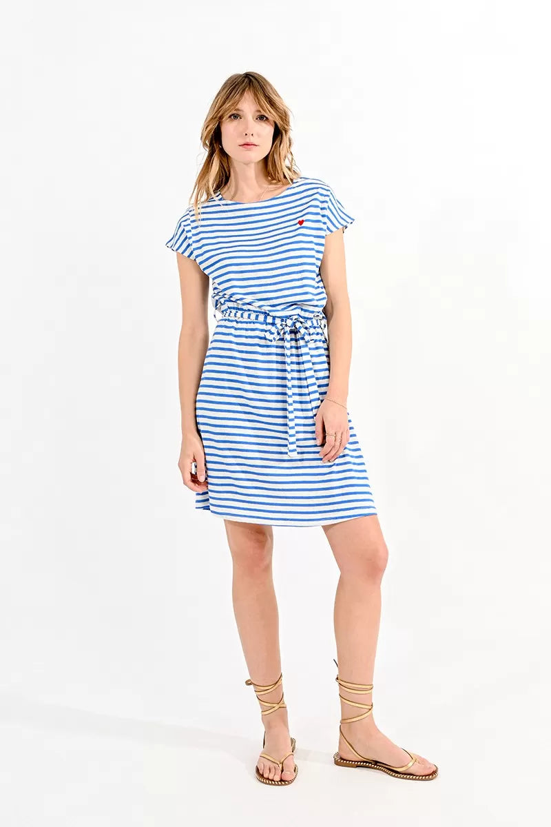 Molly Bracken Blue And White Stripped Knit Dress
