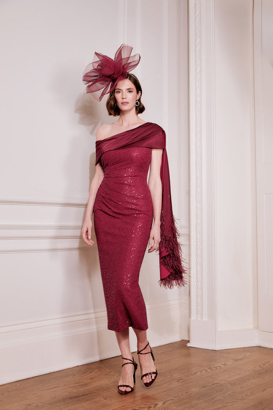 John Charles 29282 Bordeaux  One Shoulder Mother of the Bride Dress