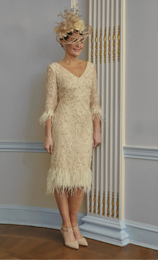 Gill Harvey V Neck & Feather Beaded Dress