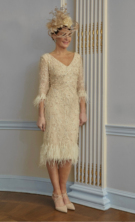 Gill Harvey V Neck & Feather Beaded Dress 8007